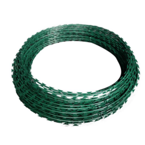 Green 450mm Double Galvanized Razor Wire, 8m average length, rust-resistant and ideal for secure, aesthetic perimeter fencing. Price: KSh 2,100.